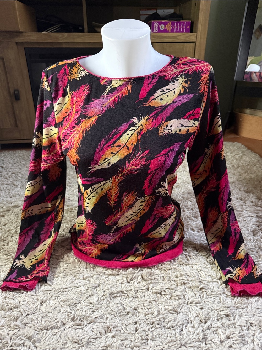 Vintage Susan Bristol Layered Look Feather Print Lettuce Edge Top